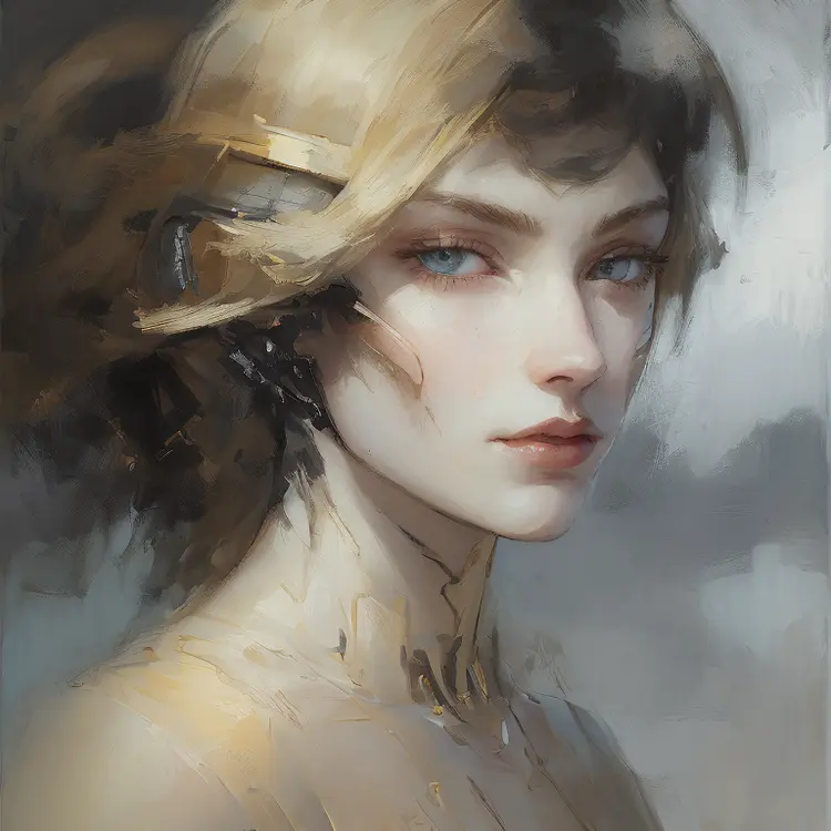 Self-portrait oil painting, a beautiful cyborg with golden hair, 8k