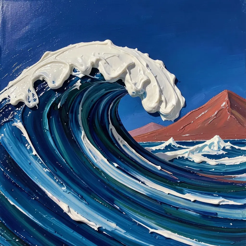 A hyper-detailed close-up of an ocean wave rendered as thick swirling oil paint. Heavy impasto textures, visible brush ridges, glossy highlights. The wave curls in dramatic motion, white paint forming foam. Background shows simple shapes: a deep cobalt sky and faint reddish mountains. Feels half-painting, half-photograph — extremely tactile, creamy, sculptural brushwork.