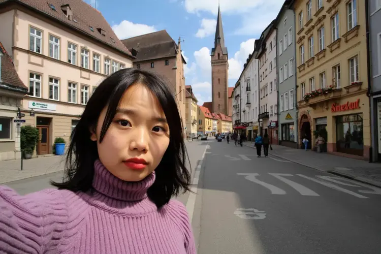 هي الآن تلتقط صورة سيلفي في شوارع فرايبورغ، إنه يوم جميل في الخارج