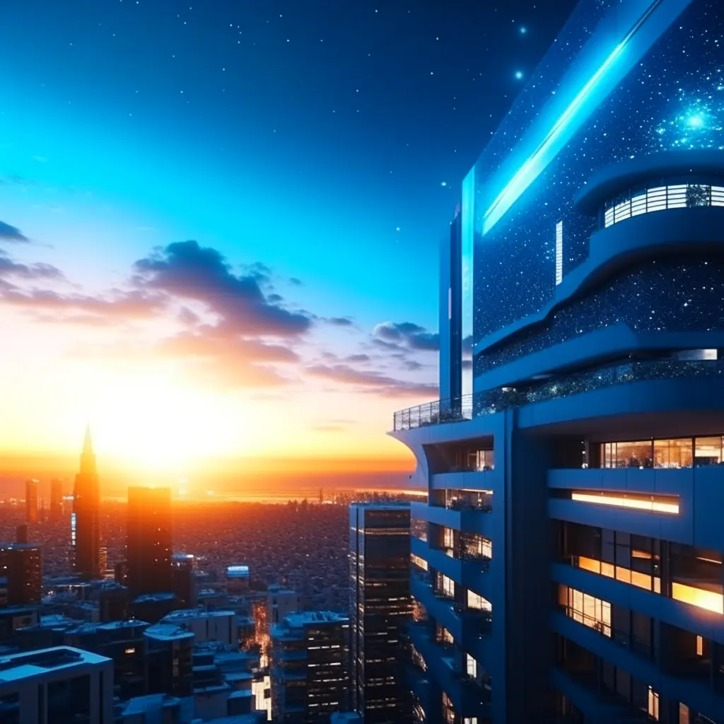 HD quality, futuristic future cityscape, unusual apartment buildings, architecture, light, dawn, details, Milky Way, 8k