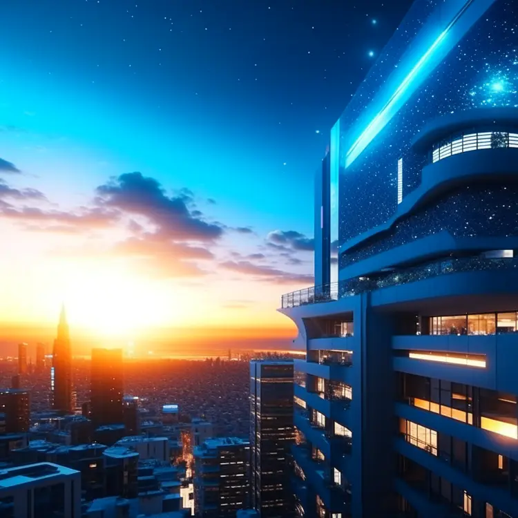 HD quality, futuristic future cityscape, unusual apartment buildings, architecture, light, dawn, details, Milky Way, 8k