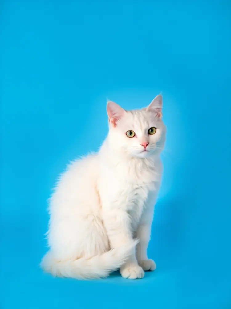 a white cat on a blue background