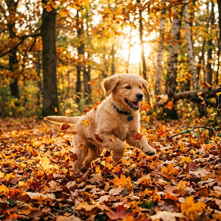 a golden retriever puppy playing in autumn leaves, warm sunlight
