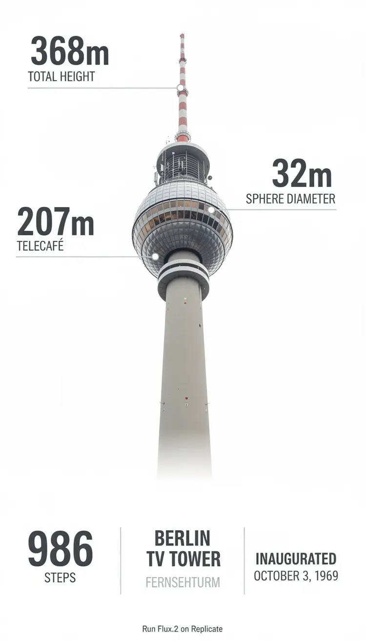 Photorealistic infographic showing the complete Berlin TV Tower (Fernsehturm) from ground base to antenna tip, full vertical view with entire structure visible including concrete shaft, metallic sphere, and antenna spire. Slight upward perspective angle looking up toward the iconic sphere, perfectly centered on clean white background. Left side labels with thin horizontal connector lines: the text '368m' in extra large bold dark grey numerals (#2D3748) positioned at exactly the antenna tip with 'TOTAL HEIGHT' in small caps below. The text '207m' in extra large bold with 'TELECAFÉ' in small caps below, with connector line touching the sphere precisely at the window level. Right side label with horizontal connector line touching the sphere's equator: the text '32m' in extra large bold dark grey numerals with 'SPHERE DIAMETER' in small caps below. Bottom section arranged in three balanced columns: Left - Large text '986' in extra bold dark grey with 'STEPS' in caps below. Center - 'BERLIN TV TOWER' in bold caps with 'FERNSEHTURM' in lighter weight below. Right - 'INAUGURATED' in bold caps with 'OCTOBER 3, 1969' below. At the very bottom center, below the columns, add small italicized text 'Run Flux.2 on Replicate' in medium grey (#A0AEC0). All typography in modern sans-serif font (such as Inter or Helvetica), color #2D3748 unless specified, clean minimal technical diagram style. Horizontal connector lines are thin, precise, and clearly visible, touching the tower structure at exact corresponding measurement points. Professional architectural elevation drawing aesthetic with dynamic low angle perspective creating sense of height and grandeur, poster-ready infographic design with perfect visual hierarchy.