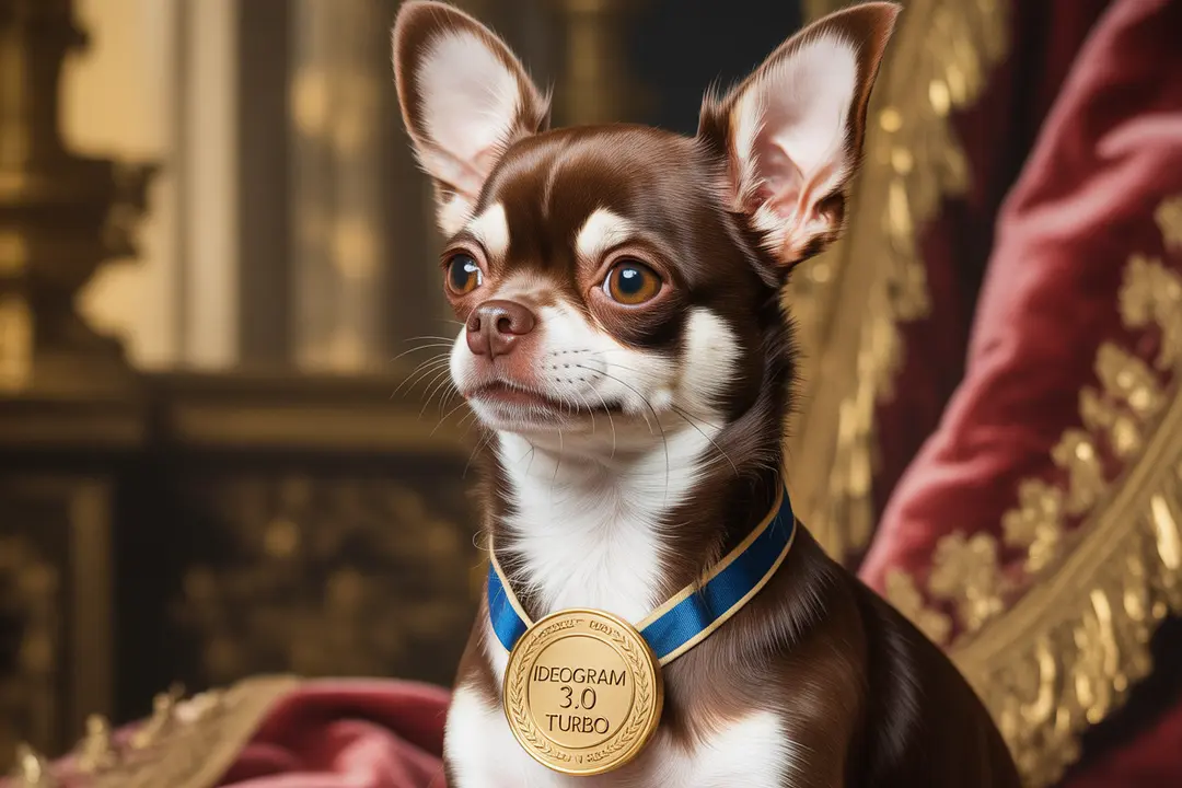renaissance painting of a chihuahua with "Ideogram 3.0 Turbo" on the dog contest medal, strong side light
