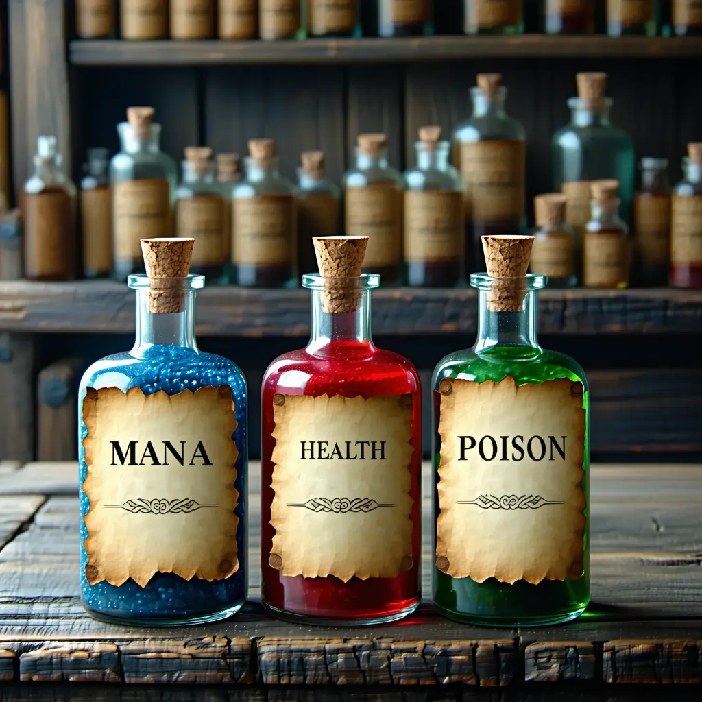 Photo of three potions: the first potion is blue with the label “MANA”, the second potion is red with the label “HEALTH”, the third potion is green with the label “POISON”. Old apothecary