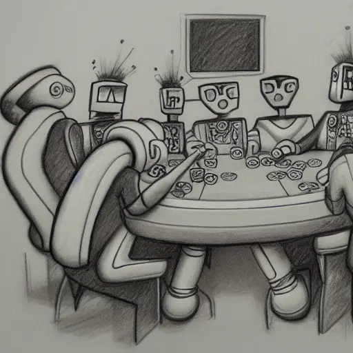 pencil sketch of robots playing poker