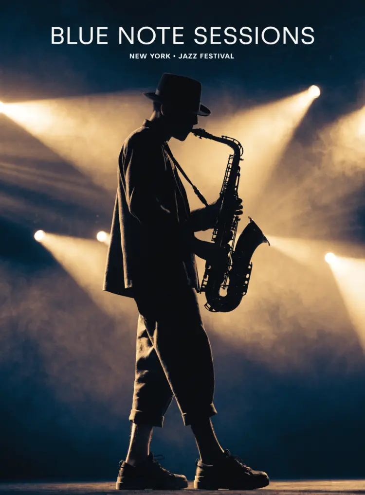 A minimalist poster for a jazz festival. Bold text reads 'BLUE NOTE SESSIONS' at the top. A saxophone player silhouetted against a deep indigo gradient, with warm amber stage lighting cutting through fog. Clean typography, editorial design.