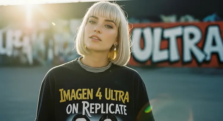 The photo: Create a cinematic, photorealistic medium shot capturing the nostalgic warmth of a mid-2000s indie film. The focus is a young woman with a sleek, straight bob haircut in cool platinum white with freckled skin, looking directly and intently into the camera lens with a knowing smirk, her head is looking up slightly. She wears an oversized band t-shirt that says "Imagen 4 Ultra on Replicate" in huge stylized text over a long-sleeved striped top and simple silver stud earrings. The lighting is soft, golden hour sunlight creating lens flare and illuminating dust motes in the air. The background shows a blurred outdoor urban setting with graffiti-covered walls (the graffiti says "ultra" in stylized graffiti lettering), rendered with a shallow depth of field. Natural film grain, a warm, slightly muted color palette, and sharp focus on her expressive eyes enhance the intimate, authentic feel