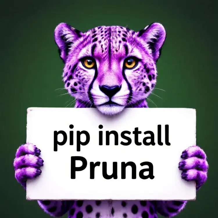 a purple cheetah holding a sign that says "pip install pruna"