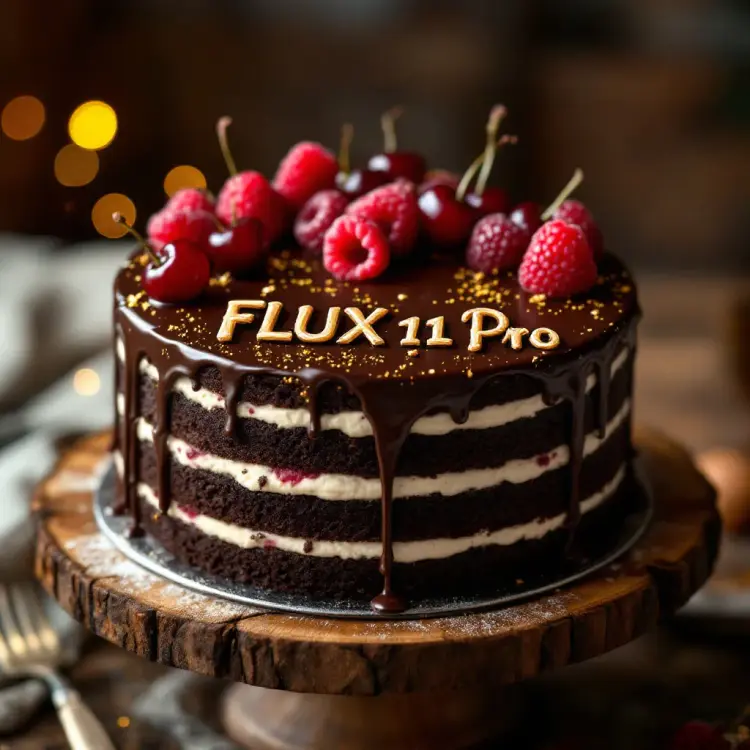 black forest gateau cake spelling out the words "FLUX 1.1 Pro", tasty, food photography