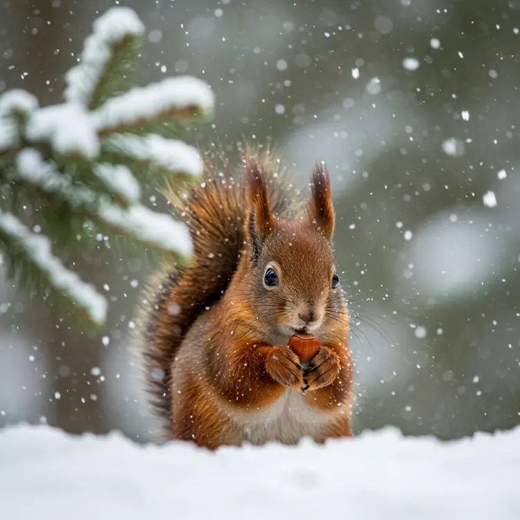 A close-up shot captures a winter wonderland scene - soft snowflakes fall on a snow-covered forest floor. Behind a frosted pine branch, a red squirrel sits, its bright orange fur a splash of color against the white. It holds a small hazelnut. As it enjoys its meal, it seems oblivious to the falling snow.
