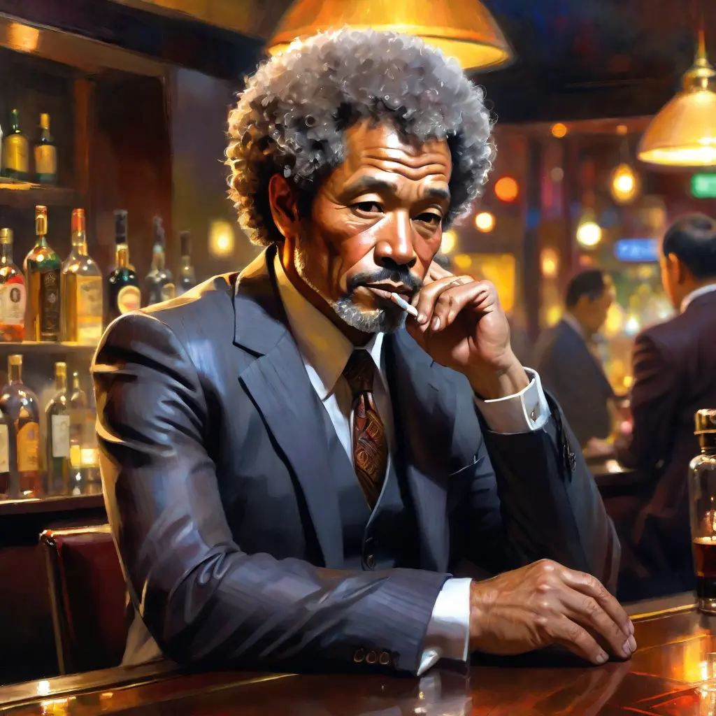 (impressionistic realism by csybgh), a 50 something male, working in banking, very short dyed dark curly balding hair, Afro-Asiatic ancestry, talks a lot but listens poorly, stuck in the past, wearing a suit, he has a certain charm, bronze skintone, sitting in a bar at night, he is smoking and feeling cool, drunk on plum wine, masterpiece, 8k, hyper detailed, smokey ambiance, perfect hands AND fingers