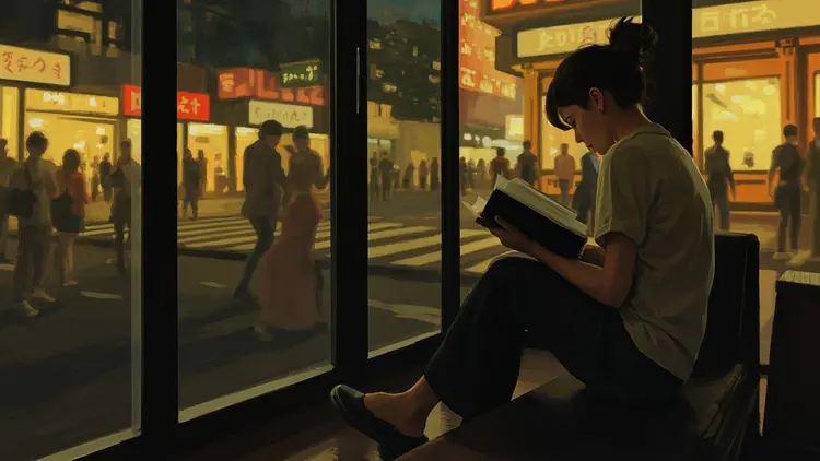 a painted scene of a person sitting by a large window in what appears to be a café or restaurant. The person has their hair up in a bun and is wearing a light-colored top and dark pants, deeply absorbed in reading a book. Through the window, a bustling city street is visible with blurred figures of people walking, warm glowing lights from buildings, and a generally atmospheric evening or night-time urban setting.