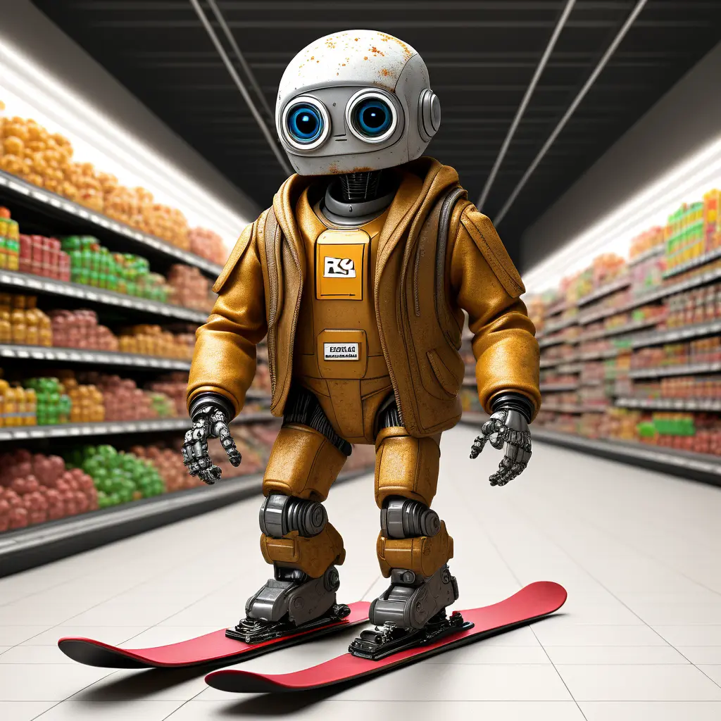 an old rusted robot wearing pants and a jacket riding skis in a supermarket.
