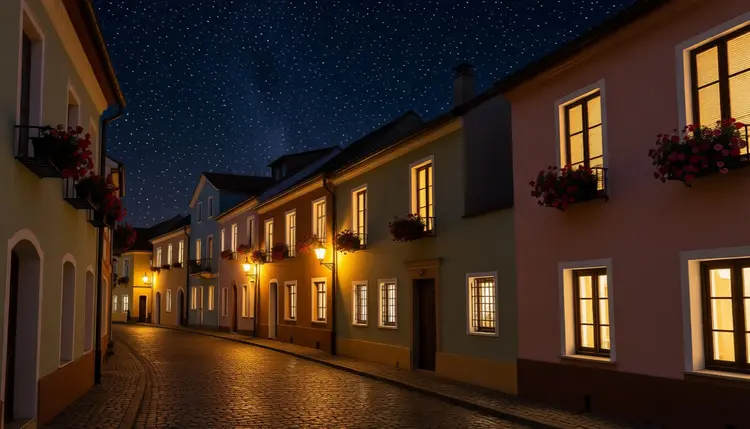 Convert this daytime scene into a moody night view. Replace the blue sky with a deep starry night sky, turn on warm yellow street lamps and glowing window lights in the buildings, add soft reflections on the wet cobblestones, and keep the original architecture and composition unchanged.