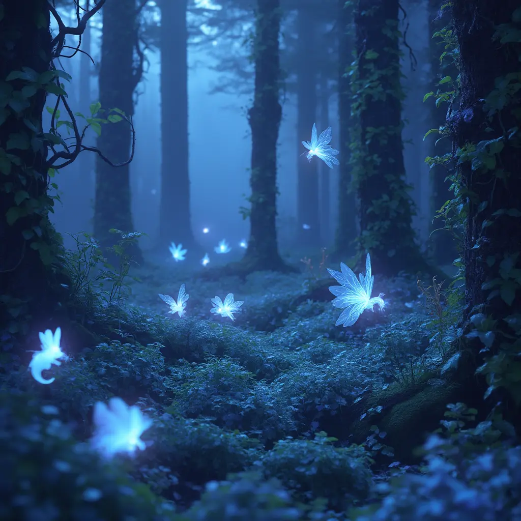 Une forêt enchantée avec des plantes lumineuses et des créatures mystiques