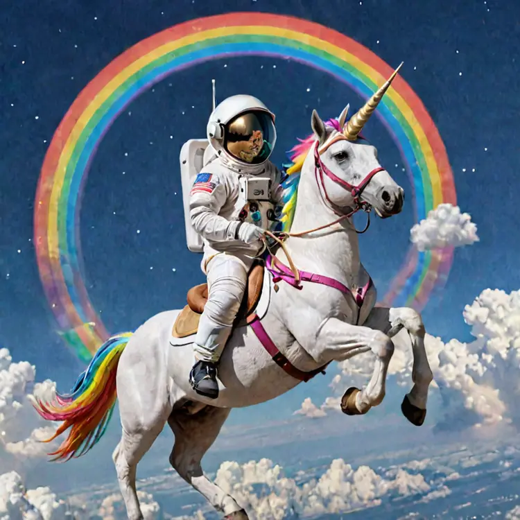 An astronaut riding a rainbow unicorn