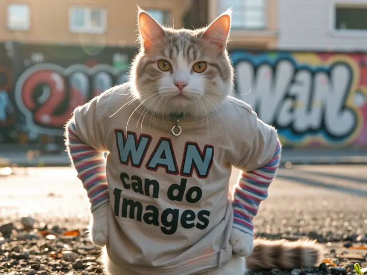 A cinematic, photorealistic medium shot capturing the nostalgic warmth of a mid-2000s indie film. The focus is a cat with a messy cool platinum white fur, looking directly and intently into the camera lens with a knowing smirk, its head is looking up slightly. The cat wears an oversized band t-shirt that says “WAN can do Images" in huge stylized text over a long-sleeved striped top and simple silver stud earrings. The lighting is soft, golden hour sunlight creating lens flare and illuminating dust motes in the air. The background shows a blurred outdoor urban setting with graffiti-covered walls (the graffiti says “Wan" in stylized graffiti lettering), rendered with a shallow depth of field. Natural film grain, a warm, slightly muted color palette, and sharp focus on its expressive eyes enhance the intimate, authentic feel