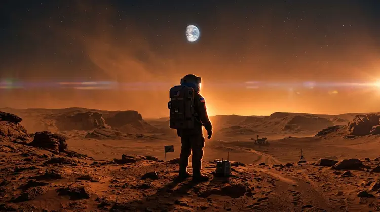 A cinematic wide shot of a lone astronaut standing on the surface of Mars, looking up at Earth visible in the dusty orange sky. Dramatic rim lighting from the setting sun creates a silhouette. Sci-fi atmosphere, photorealistic. Anamorphic lens flare.