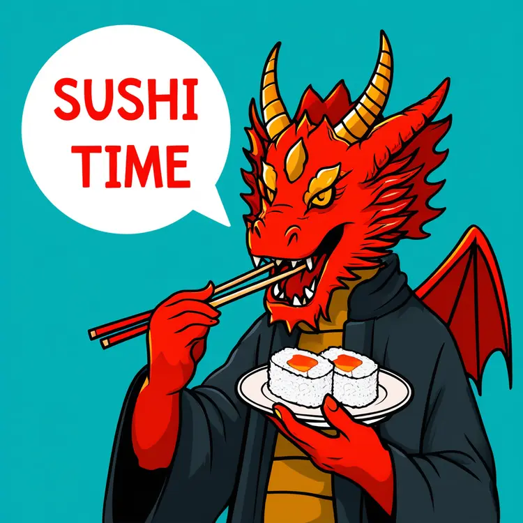 photo of mystical dragon eating sushi, text bubble says "Sushi Time"