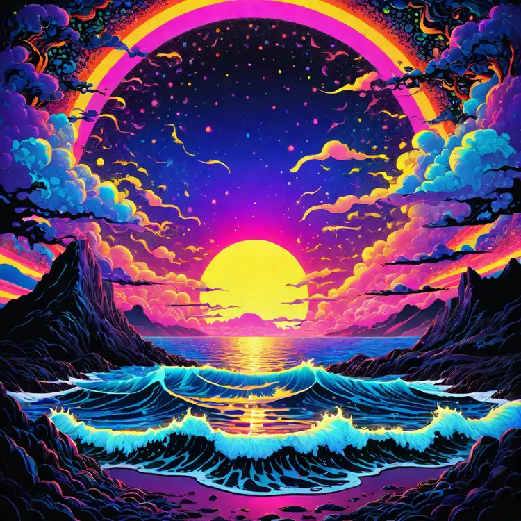 in the style of artgerm, comic style,3D model, mythical seascape, negative space, space quixotic dreams, temporal hallucination, psychedelic, mystical, intricate details, very bright neon colors, (vantablack background:1.5), pointillism, pareidolia, melting, symbolism, very high contrast, chiaroscuro