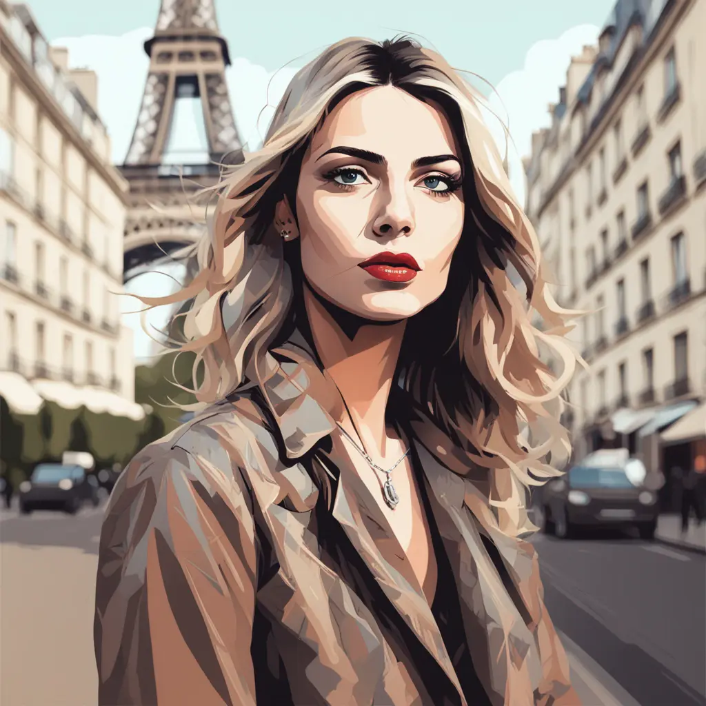 shot in the style of sksfer, a woman in paris, tower eiffel in te background