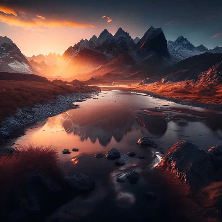 a beautiful landscape photo, epic, dawn light, 8k, mountains, river, dramatic, award winning