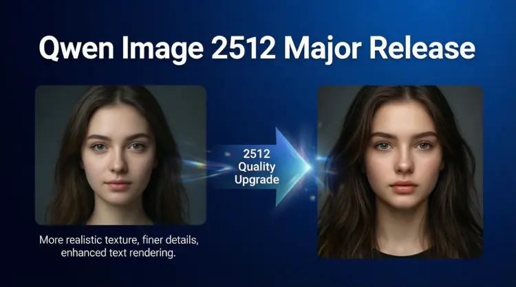 This is a modern slide with a deep blue gradient background. The title is "Qwen Image 2512 Major Release" in white sans serif bold font. 
On the left a female portrait lacks detail. On the right a highly realistic young woman's portrait close to photographic quality. An arrow links the images labeled "2512 Quality Upgrade" 
Faint glow effects besides the arrow enhance dynamism
Text below reads: "More realistic texture, finer details, enhanced text rendering"