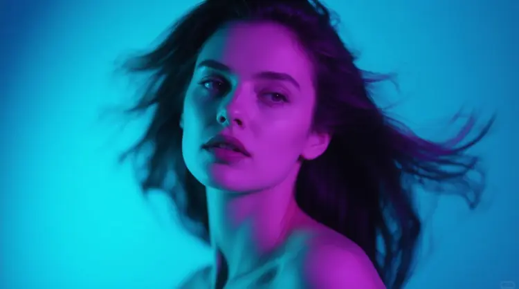 A dynamic portrait photo of a woman, unusual lighting, creative composition, cyan and purple uplighting