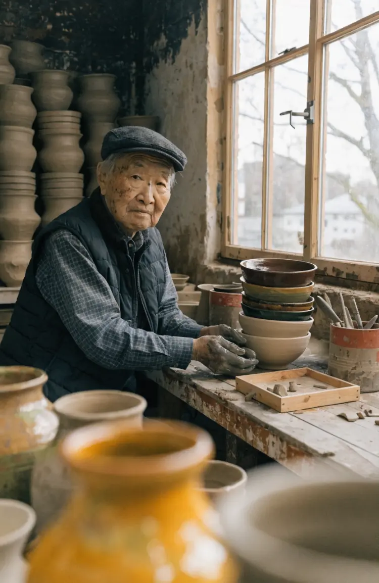 Portrait of an elderly Japanese ceramicist in their workshop, hands covered in clay, surrounded by beautiful handmade pottery, natural window light, documentary photography style