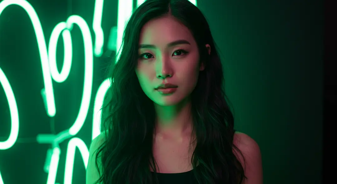 A portrait of an Asian woman with neon green lights in the background, shallow depth of field.