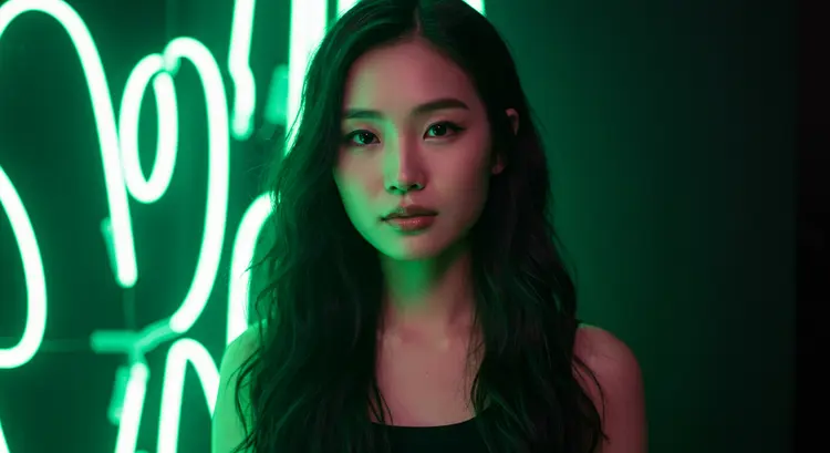 A portrait of an Asian woman with neon green lights in the background, shallow depth of field.