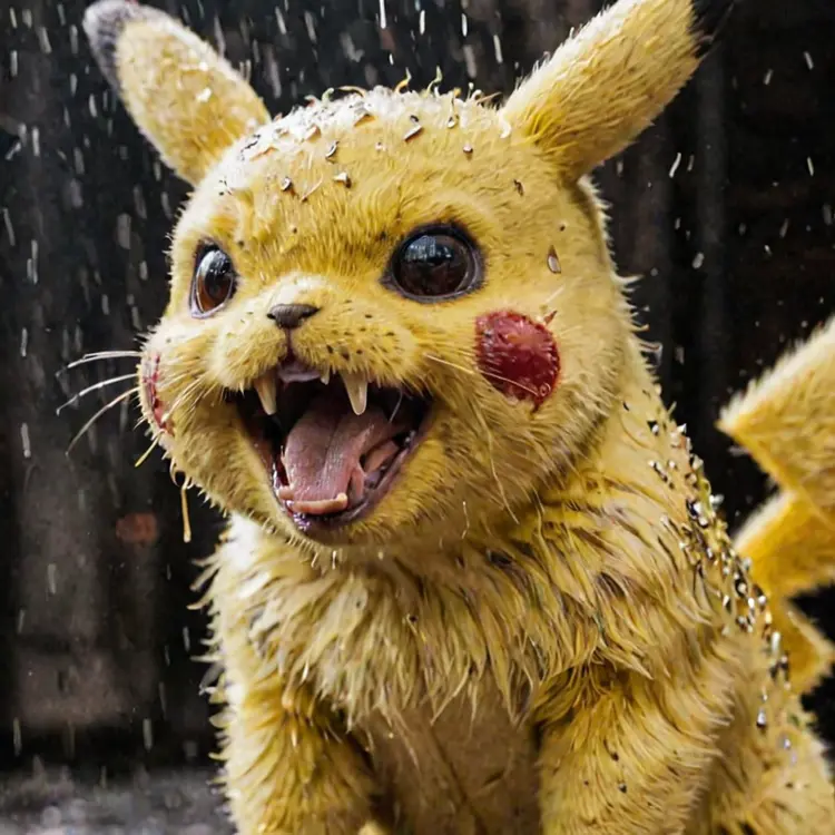 RAW photo of sweaty Pikachu as a real character, film grain,sweaty face, extreme detailed face,angry, sharp teeth,as gore movie,gruesome:1.0