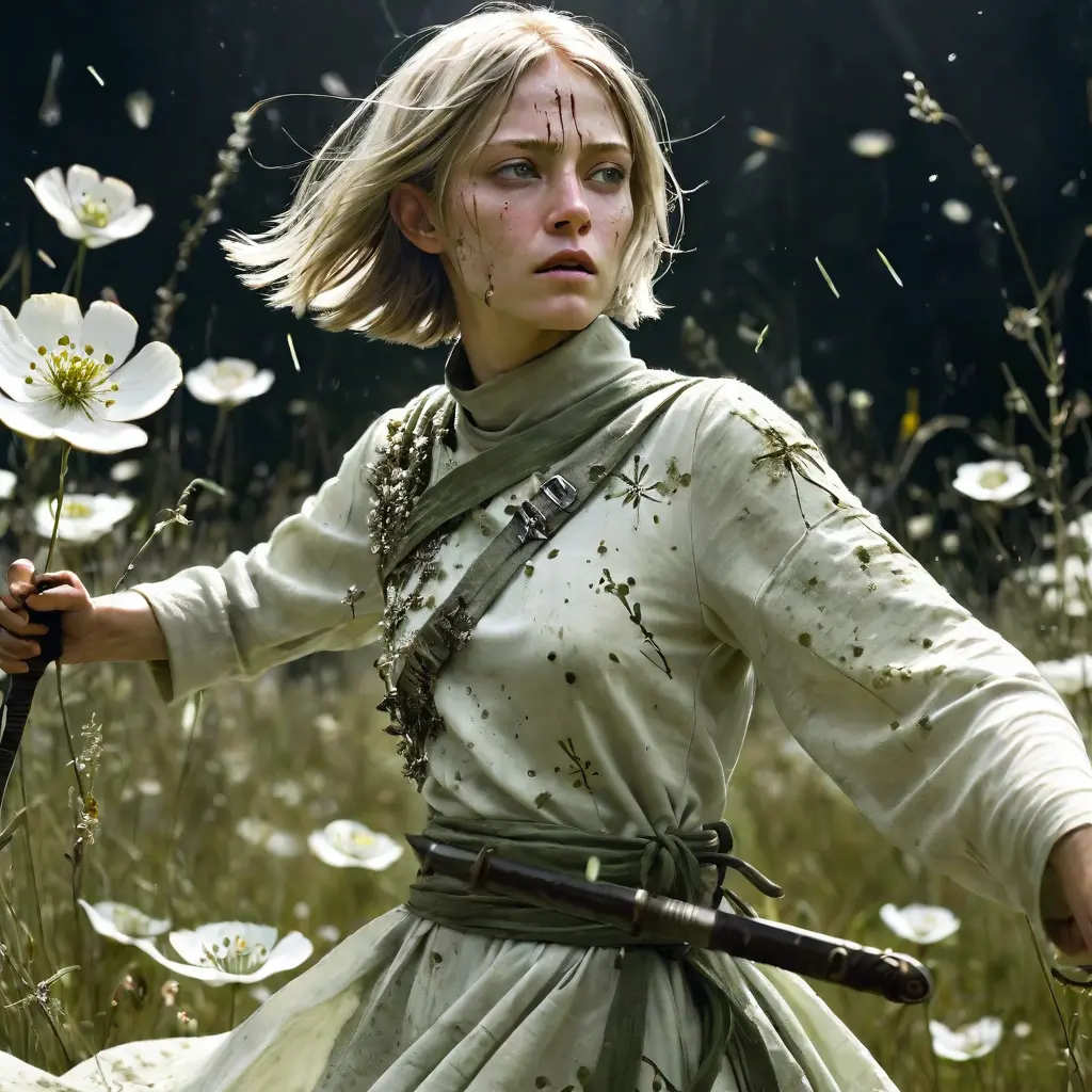 Super Closeup Portrait, action shot, Profoundly dark whitish meadow, glass flowers, Stains, space grunge style, Jeanne d'Arc wearing White Olive green used styled Cotton frock, Wielding thin silver sword, Sci-fi vibe, dirty, noisy, Vintage monk style, very detailed, hd