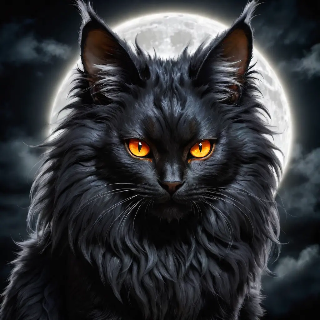 black fluffy gorgeous dangerous cat animal creature, large orange eyes, big fluffy ears, piercing gaze, full moon, dark ambiance, best quality, extremely detailed