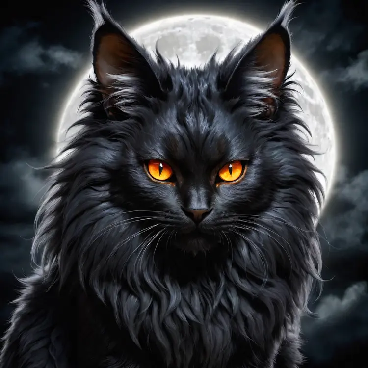 black fluffy gorgeous dangerous cat animal creature, large orange eyes, big fluffy ears, piercing gaze, full moon, dark ambiance, best quality, extremely detailed