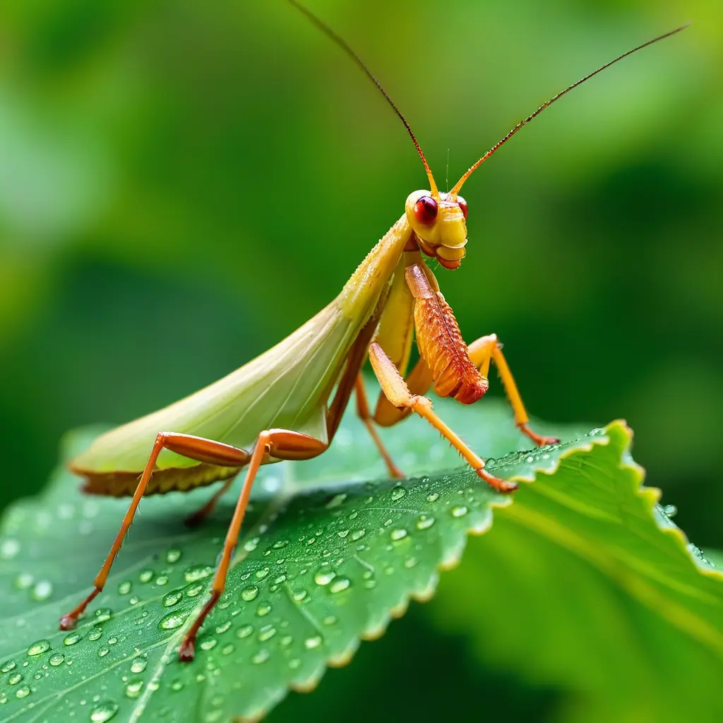 Praying mantis on a wet leaf