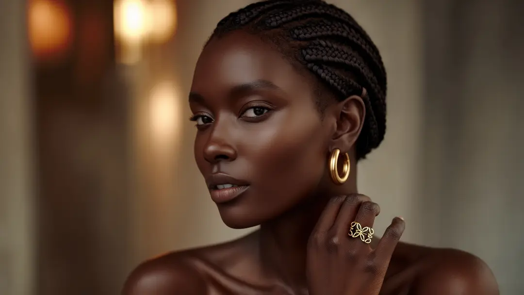 A black woman with a short hair wearing gold hoop earrings, her hand is placed on the side of her neck, hair with braids, showing a ring, a model for Loewe jewellery campaign
