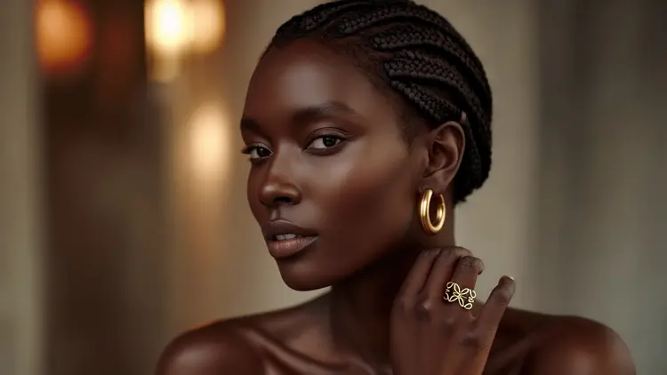 A black woman with a short hair wearing gold hoop earrings, her hand is placed on the side of her neck, hair with braids, showing a ring, a model for Loewe jewellery campaign