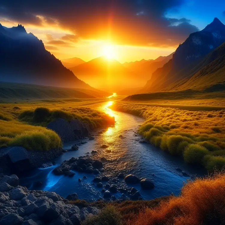 a beautiful landscape photo, epic, dawn light, 8k, mountains, river, dramatic, award winning