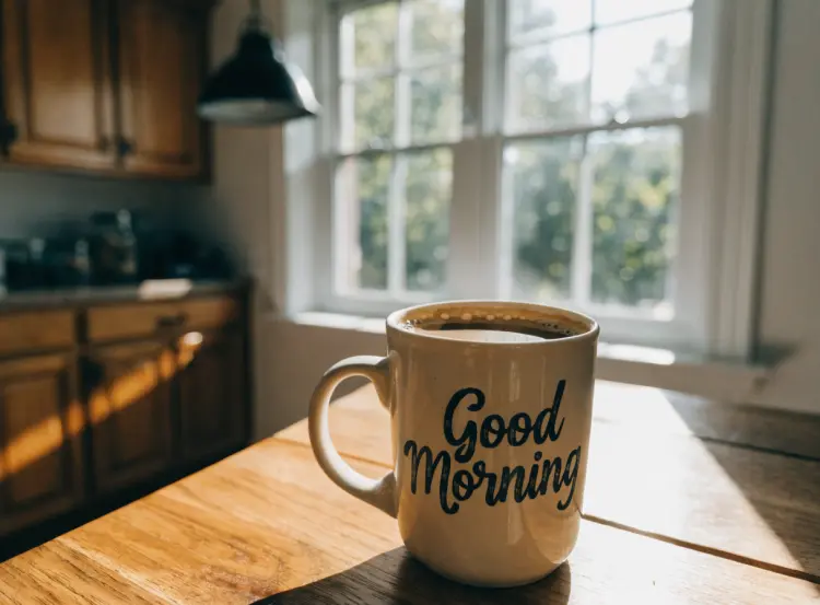A ceramic coffee mug on a wooden table with the text 'Good Morning' written in elegant hand-lettered script, warm morning light streaming through a window, shallow depth of field, lifestyle photography
