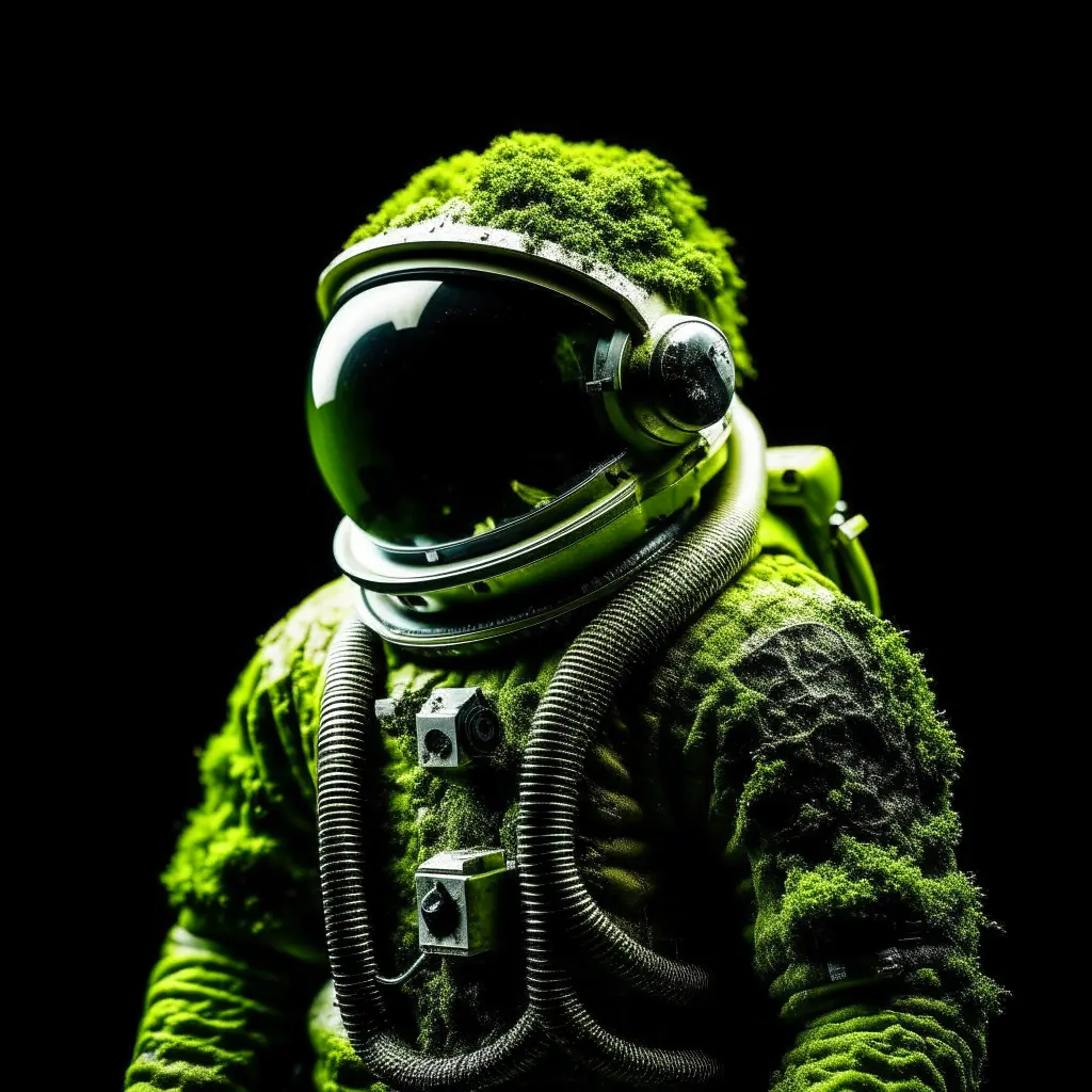 A moss covered astronaut with a black background