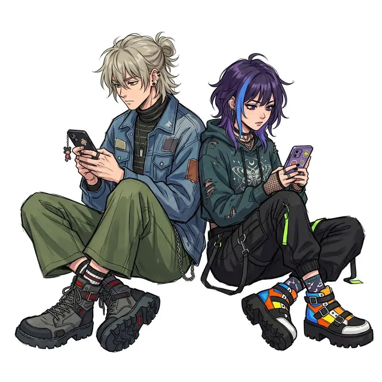 Anime character design, full color, concept sketch against white. Just the characters, no other sketches or words. A young adult man and woman on their phones, sitting cross legged, back to back. Pick interesting fashion choices, hair style and unusual footwear.