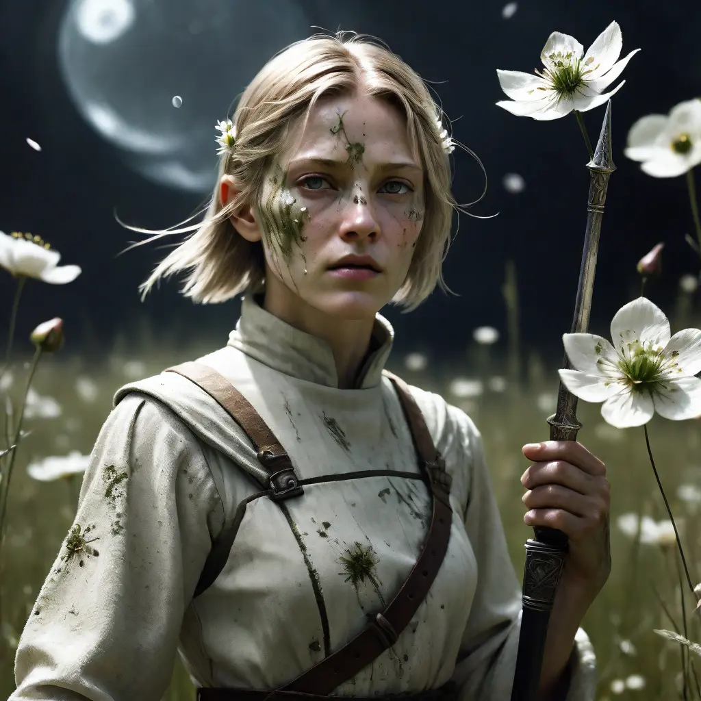 Super Closeup Portrait, action shot, Profoundly dark whitish meadow, glass flowers, Stains, space grunge style, Jeanne d'Arc wearing White Olive green used styled Cotton frock, Wielding thin silver sword, Sci-fi vibe, dirty, noisy, Vintage monk style, very detailed, hd