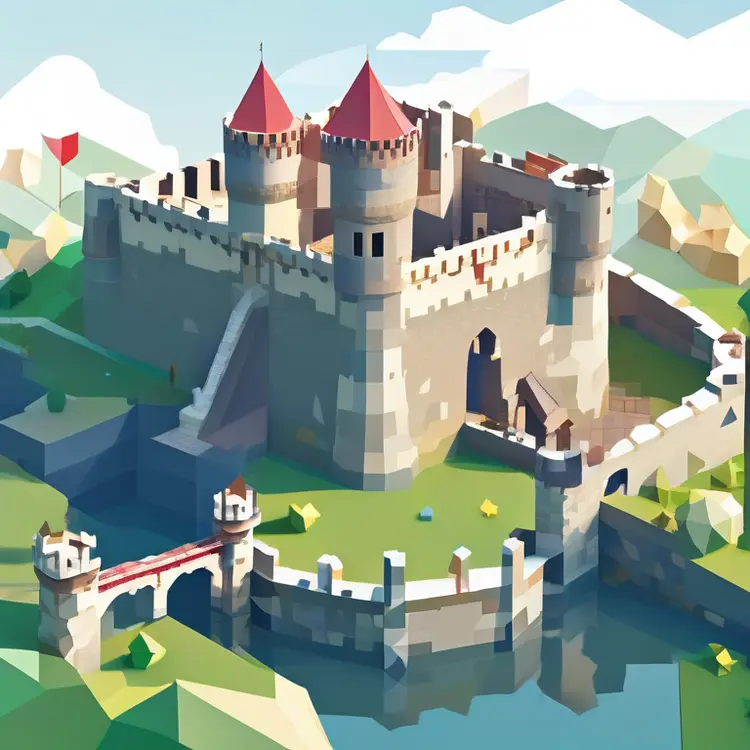 Medieval Castle, standing tall on a hill, surrounded by a moat, with banners flying and a drawbridge leading to it, evoking feelings of chivalry and bygone eras, designed in Low Poly style, with angular structures, flat color regions, and clear geometric definitions without intricate carvings.