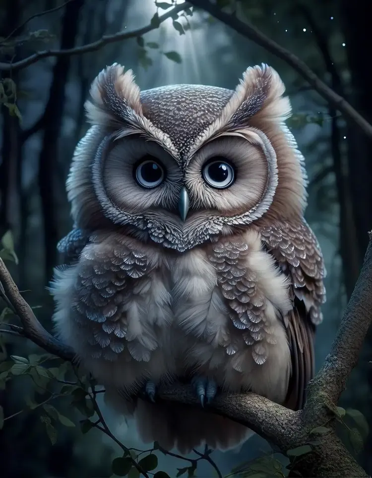 A hyper-detailed, ultra-fluffy owl sitting in the trees at night, looking directly at the camera with wide, adorable, expressive eyes. Its feathers are soft and voluminous, catching the cool moonlight with subtle silver highlights. The owl's gaze is curious and full of charm, giving it a whimsical, storybook-like personality.