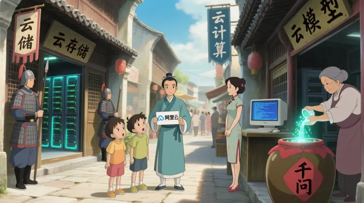 宫崎骏的动漫风格。平视角拍摄，阳光下的古街热闹非凡。一个穿着青衫、手里拿着写着“阿里云”卡片的逍遥派弟子站在中间。旁边两个小孩惊讶的看着他。左边有一家店铺挂着“云存储”的牌子，里面摆放着发光的服务器机箱，门口两个侍卫守护者。右边有两家店铺，其中一家挂着“云计算”的牌子，一个穿着旗袍的美丽女子正看着里面闪闪发光的电脑屏幕；另一家店铺挂着“云模型”的牌子，门口放着一个大酒缸，上面写着“千问”，一位老板娘正在往里面倒发光的代码溶液。