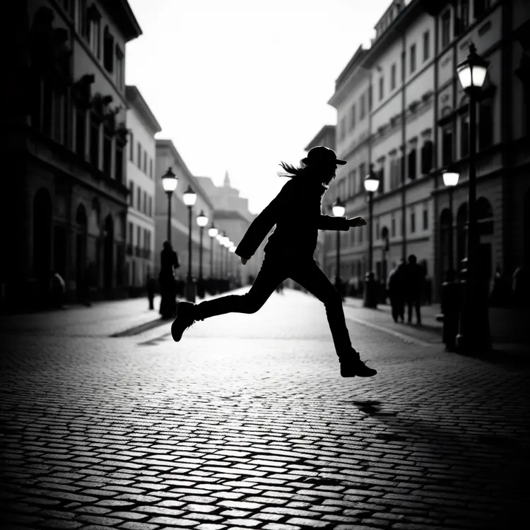 Film noir black and white photo of a man running in an Italian piazza at night in the 1950s
