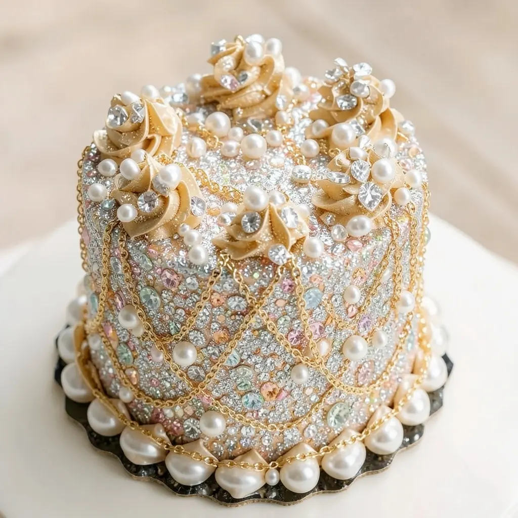 transform the cake from image 1 so it looks as if it is made of gems pearls and golden necklaces, replace the frosting and surface details with sparkling gemstone textures and smooth pearl elements, add delicate strands of gold that mimic jewelry draped across the cake, keep the shape and structure exactly the same, use soft studio lighting to highlight the shine and reflections, create a luxurious high quality look while preserving all original proportions